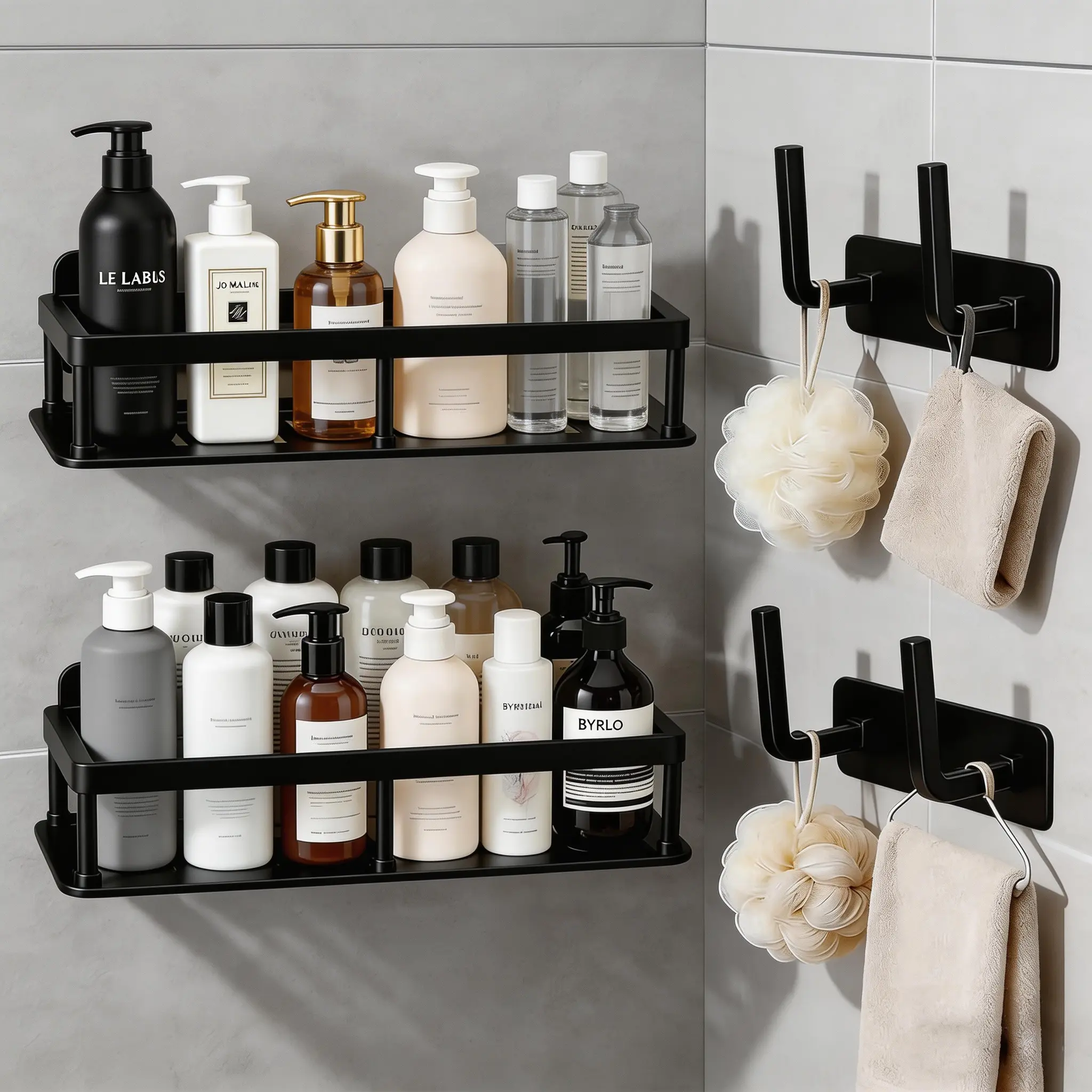 Self-Adhesive Shower Shelves Basket, Black Large Capacity Bathroom Organizer, 2 Pack No Drilling Wall Caddy with Hooks