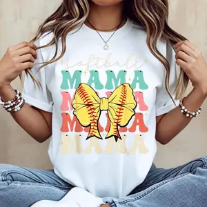 Softball Mama T Shirt With Colorful Text And Baseball Bow Design For Mom And Family Softball Events