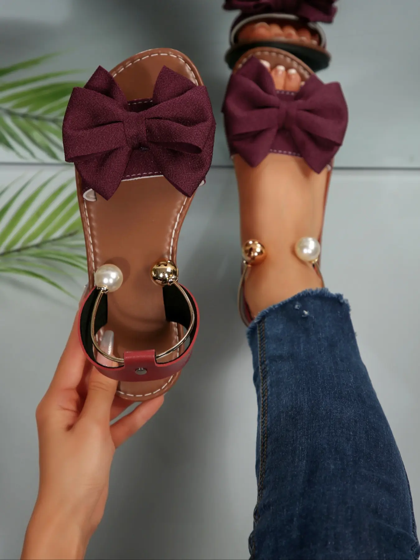 Women's Sweet Bow Open-Toe Flat Garden Sandals with Faux Pearl Ankle Strap | Casual, Breathable Chic Summer Footwear for Daily, Beach Vacation & Dates Classy Sandal Bow Decorated Sandals