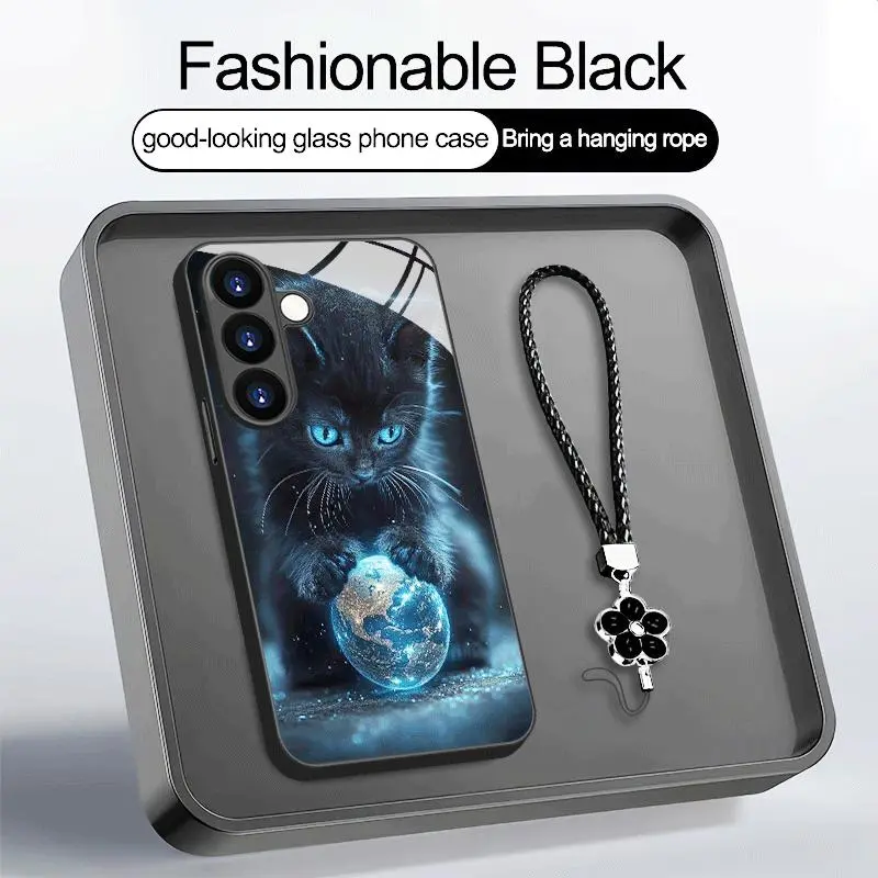 Premium black cat holding blue ball Samsung phone case for S25/S23/S22/S21/S20 FE Ultra Plus and A55/A54/A53/A52/A32 models Metallic tempered glass protective cover with fashionable couple design máquina sub lima ci ón, Accessories, Smartphone
