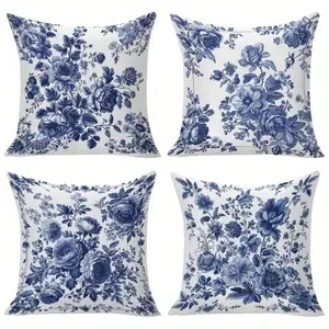 4pcs-Blue Themed Throw Pillow Covers, Blue Floral Design, Blue and White Geometric Pattern, Home Decor for Living Room Sofa and Bedroom, Suitable for Spring and all Seasons Decoration, 2D Flat, Single Sided Printing, No Pillow Core
