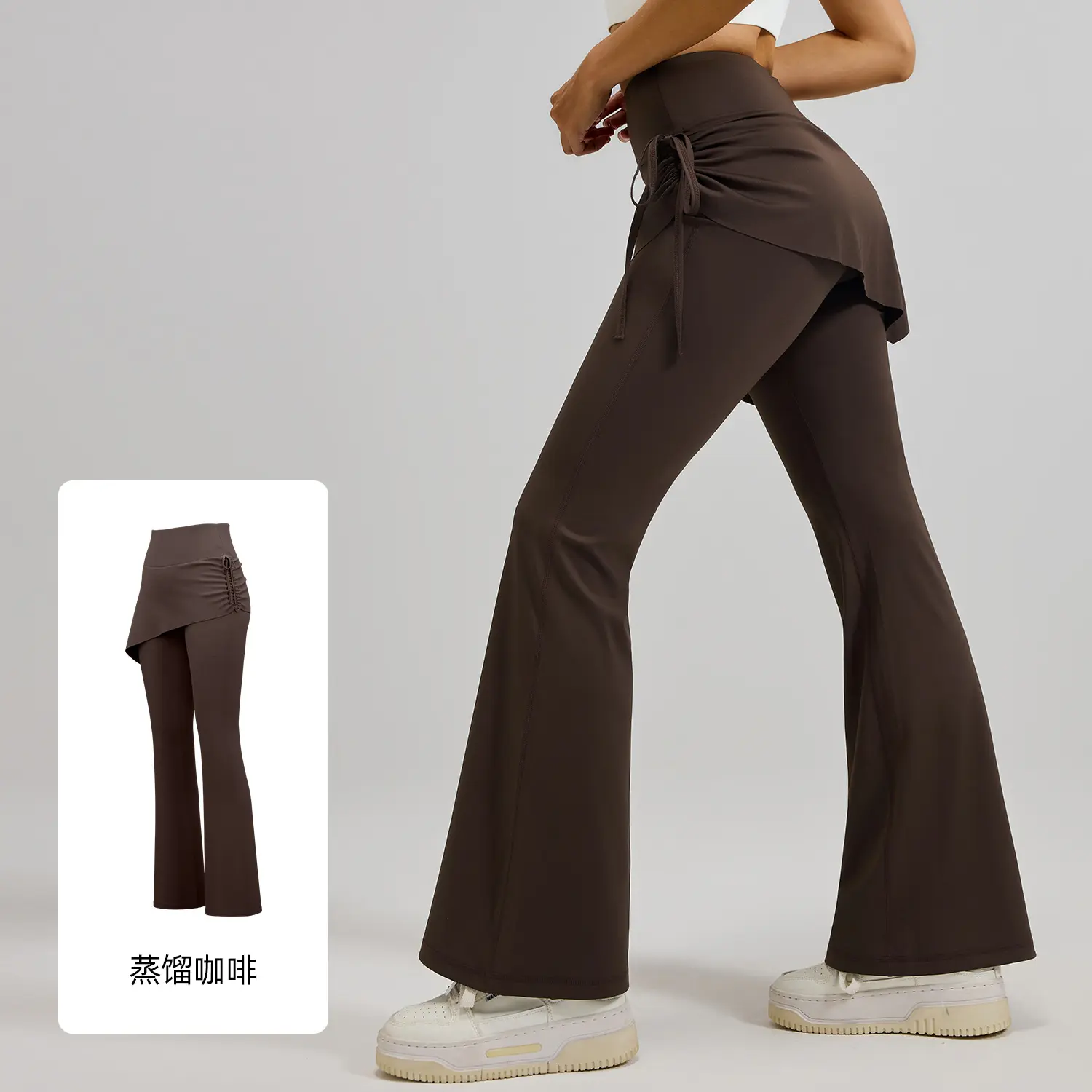 Women's High-Waist Side Drawstring Irregular Skirt Overlay 2-in-1 Butt-Lifting Stretch Fabric Workout Flare Leggings, Workout Sets Women, Female Stylish Clothes with Customizable Fit for Gym, Yoga Pants