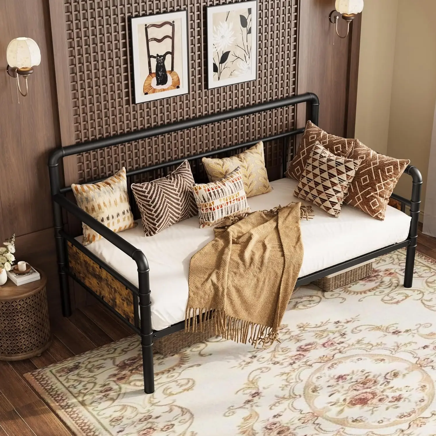 【Christmas Gift】Twin Size Daybed Frame with Headboard Sturdy Metal and MDF Sofa Bed for Living Room Bedroom or Guest Room Easy Assembly Black