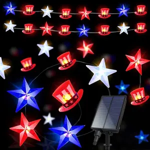 32.8-Foot Solar-Powered 80-LED Patriotic String Lights  Red, Blue, and White Star-Patterned Hat Design  Waterproof for Outdoor Use  Decorative Lights for Independence Day, Easter, and Mother's Day