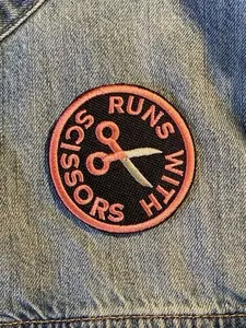 Stylish Embroidery Runs With Scissors Embroidered Patch - 3.31in Iron-On/Sew-On Edgy DIY Sewing Accessory for Textiles, Soft Furnishings
