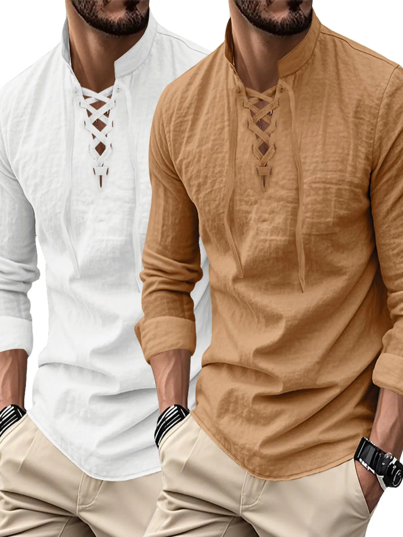 2pcs Men's Summer Linen Long Sleeve Shirt, Casual Business Style, Aesthetic, Drawstring Design, Regular Fit, Essential Menswear, Casual Summer Clothes