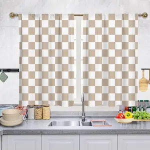 Beige Checkered Kitchen Curtains, Rustic Farmhouse Kitchen Curtain, Checkerboard Vintage Small Kitchen Curtains Sets for Bathroom Cafe Window Treatment Drapes 2 Panels (Each 27.5x39 Inch)