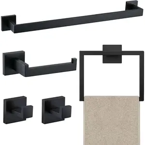 5 Piece Bathroom Towel Bar Set, 23.6 Inch Wall Mounted Bathroom Towel Holder, SUS304 Stainless Steel Towel Racks, Matte Black Bathroom Hardware Accessories Set