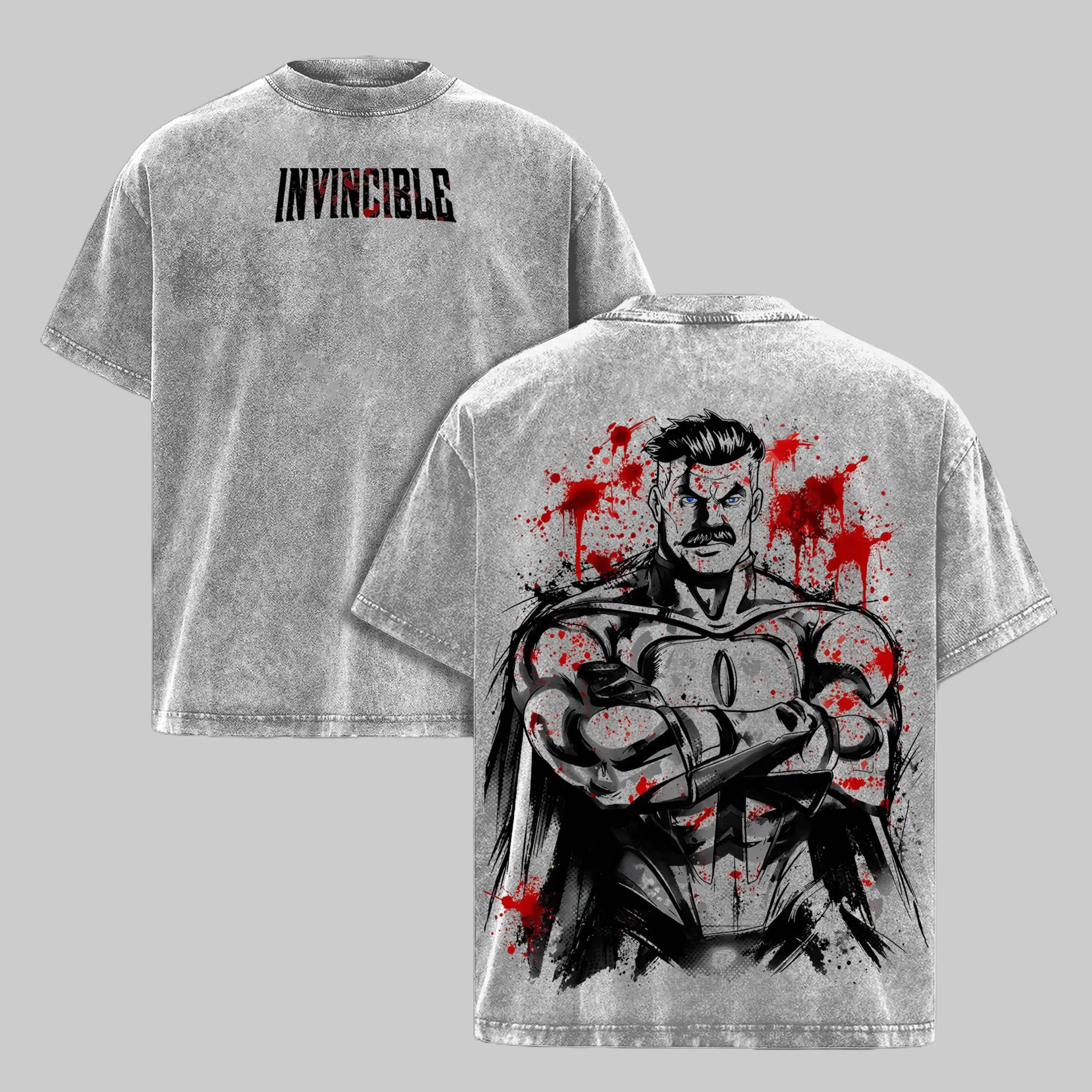 Men's Unisex Oversized Washed Omni-Man T-Shirt - Invincible Viltrumite Warrior Anime Double Print, Short Sleeve Round Neck, Stretch Hem, Casual Menswear, Soft Heavy Cotton Seamless Breathable Top, Vintage Streetwear, Oversized Fit