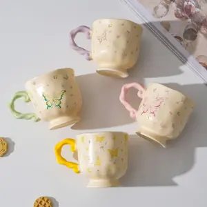 Butterfly Pattern Ceramic Mug, 4 Counts/set Large Capacity Coffee Cup, Teacup, Breakfast Milk Cup, Drinking Cup for Home Office Use, Stylish Drinkware