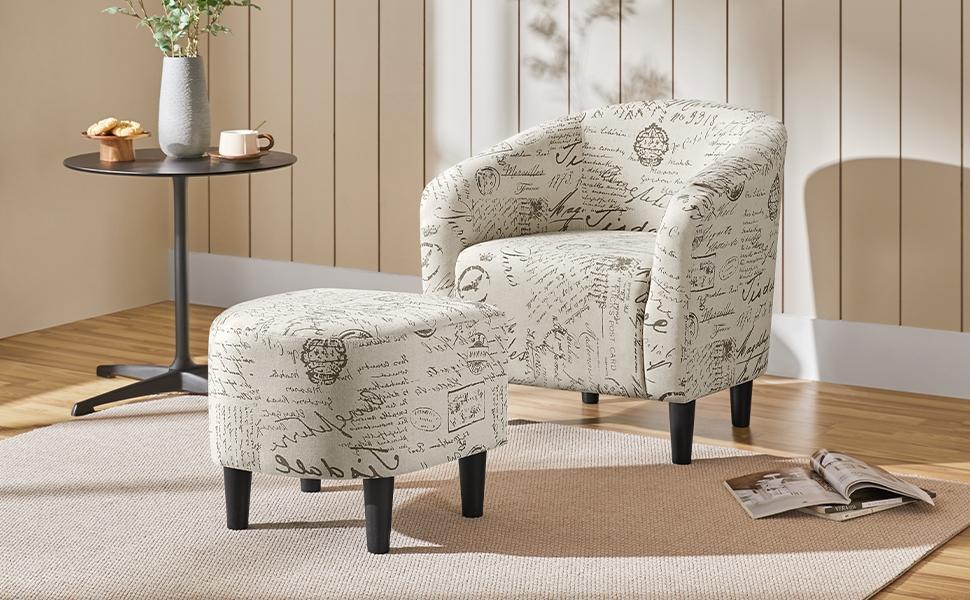 Yaheetech Accent Chair and Ottoman Set, Modern Barrel Chair and Footrest, Comfy Club Chair Armchair and Footstool for Living Room Bedroom Guestroom