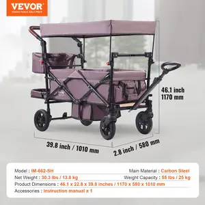 VEVOR Wagon Stroller for 2 Kids, Push Pull Quad Collapsible Stroller with Adjustable Handle, Encircling Harness Removable Canopy, 4 Wheels w/ Brakes, Mutifunction Tandem Stroller for Camping Dark Purple