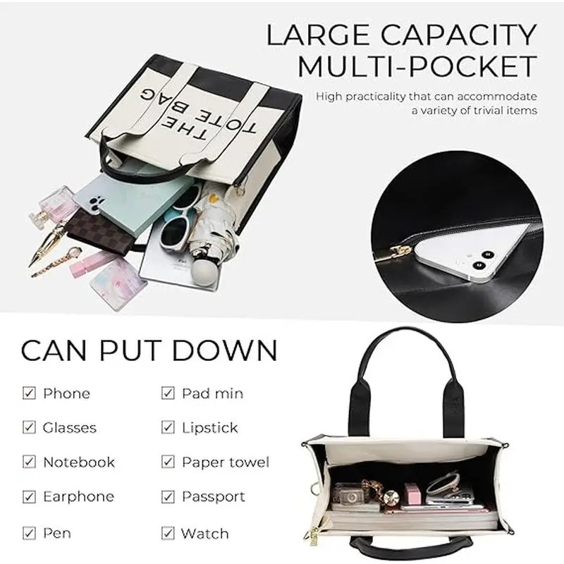 Tote Bag for Women with Zipper, PU Leather Denim Shoulder Handbag Large Capacity, Casual Crossbody Work Purse
