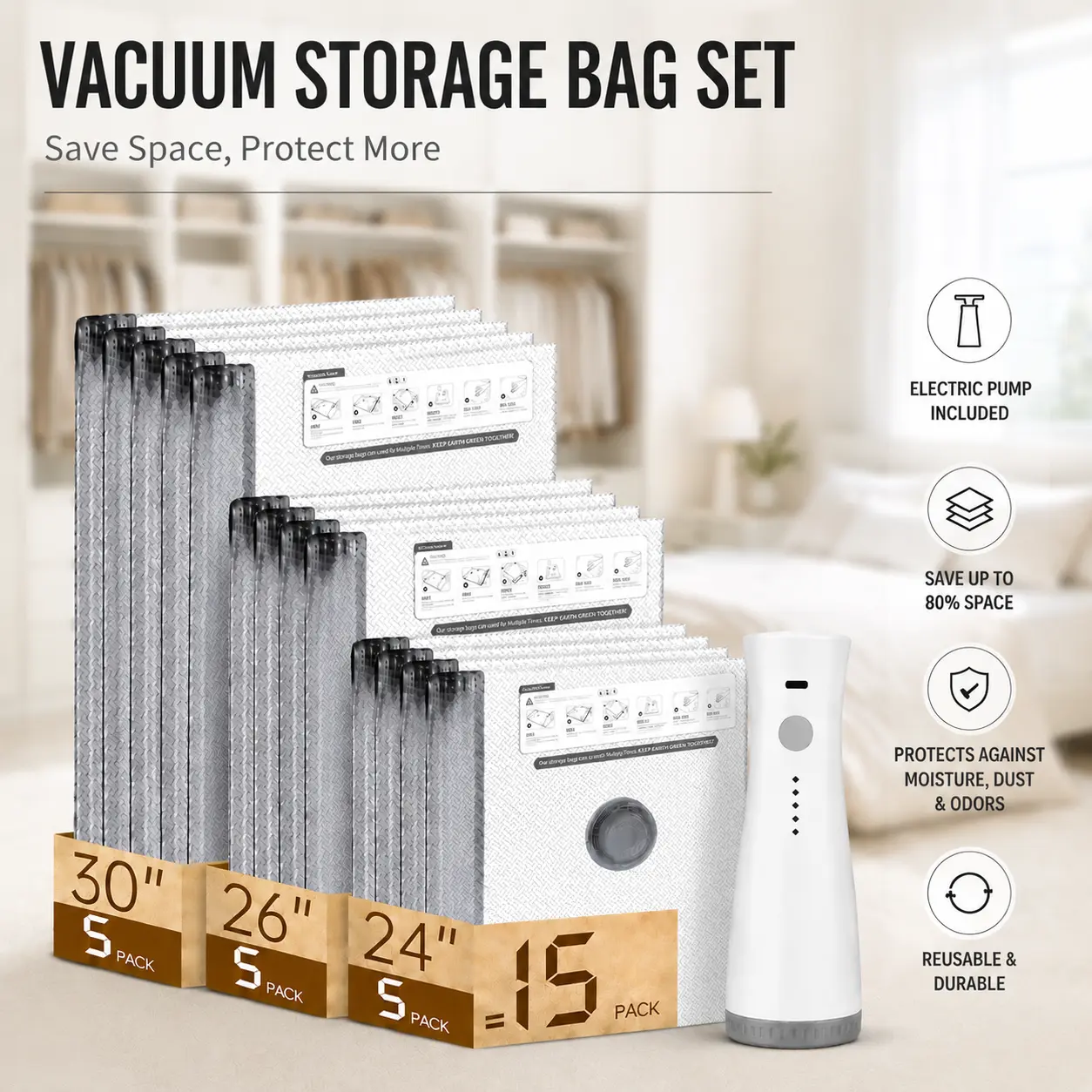 【DealsForYouDays】Cordless Travel Vacuum Storage Compression Bag Set – 15-Pack in 3 Sizes – USB Rechargeable Handheld Pump with Built-In Battery – Waterproof & Reusable Space Saver for Clothes & Packing, Perfect for Carry-On Suitcases