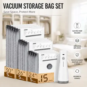 【DealsForYouDays】Cordless Travel Vacuum Storage Compression Bag Set – 15-Pack in 3 Sizes – USB Rechargeable Handheld Pump with Built-In Battery – Waterproof & Reusable Space Saver for Clothes & Packing, Perfect for Carry-On Suitcases