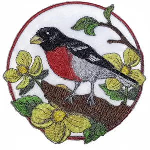 Rose-Breasted Grosbeak & Wood Poppy Circle Embroidered Patch (5.85" x 5.78") – Woodland Nature Iron-On or Sew-On Design, USA Made