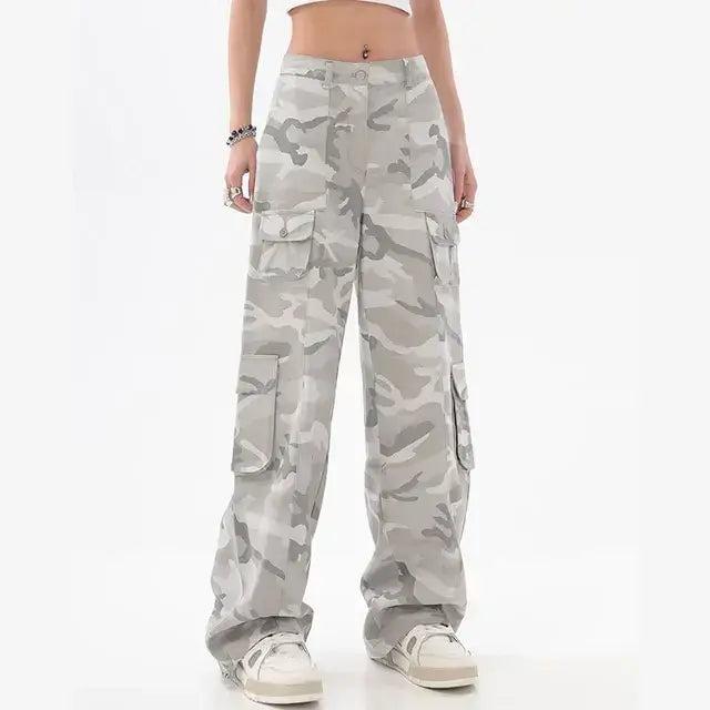 Female Hip Hop Grey Camouflage Cargo Pants American Style Y2K Oversized Loose Straight Wide Leg Pants Vintage Casual Sweatpants