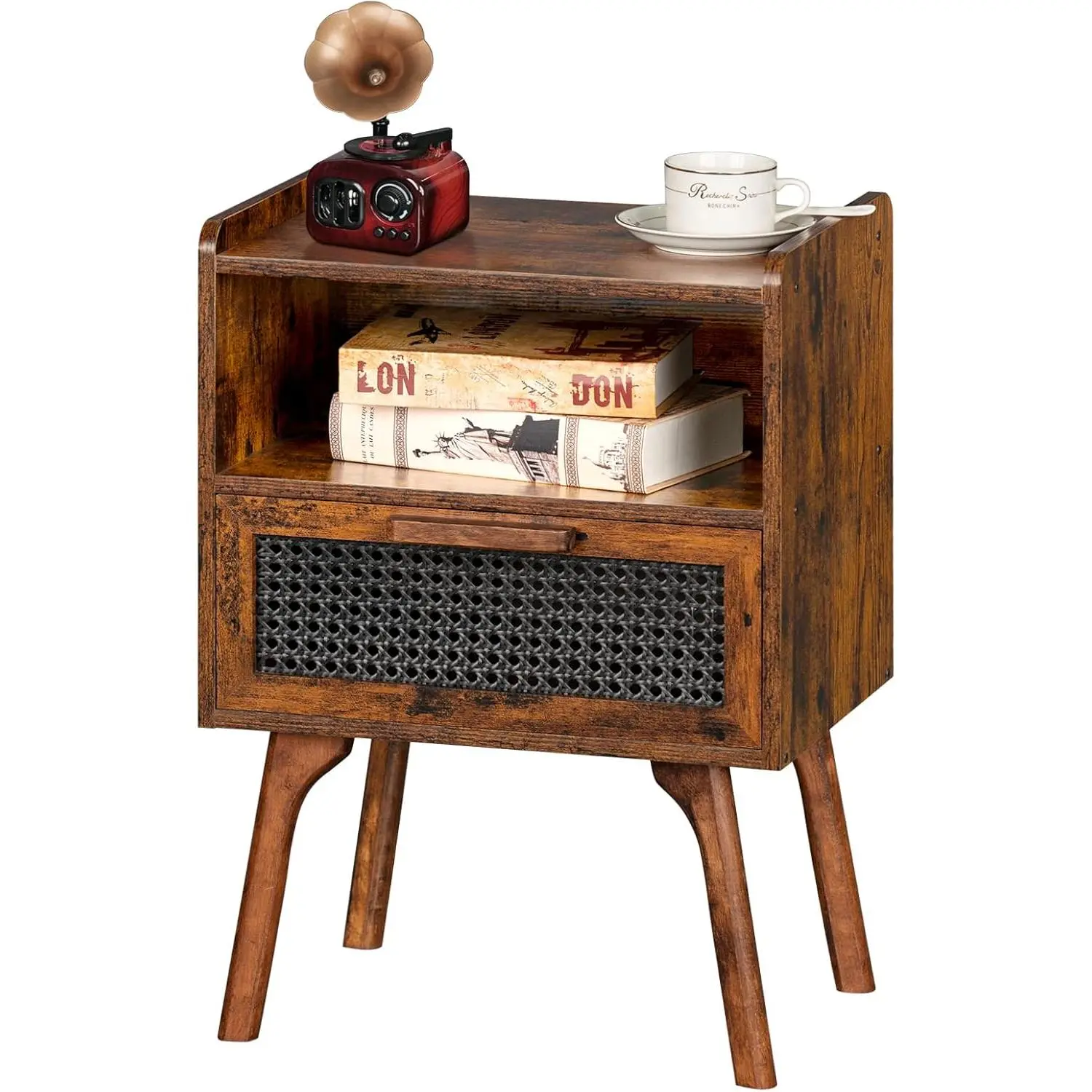 Brown Rattan Nightstand - Mid-Century Modern Cane Weave Bedside Table with Drawer, Open Shelf, Beech Wood Solid Build, Airflow Mesh, 15.94in L x 11.81in D x 22.87in H, Step-by-Step Assembly, Durable for Bedroom, Office, Screws, 15.9X11.8x22.9"