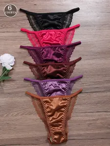 Women's Elastic Waistband Oil Cloth Lace Patchwork Comfort Triangle Panties, 6 Pieces Set, Soft and Breathable Underwear, Lady, Soft Fit Panty