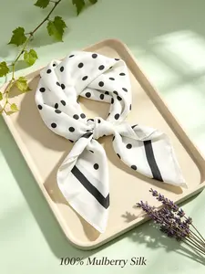 1PC 150x60cm Modern Geometric Silk Scarf, Classic Black White Polka Dot & Stripe Print 100% Mulberry Silk Lightweight Scarf, Versatile Fashion Accessory for Daily Commute, Travel, Hiking, Gym & Summer Beach