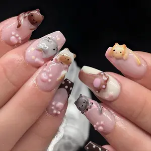 Kawaii Press On Nails, 3D Kitty Cat & Pink Paw Print Nails, Reusable Gel Acrylic Fake Nails, False Nails Set, Cute Pet Lover Nail Set