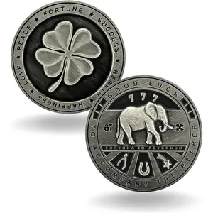 Two Sided Lucky Coin Featuring One Side with a Four Leaf Clover and One Side with Elephant and Lucky Symbols - 1.5 inches Decor Ornaments