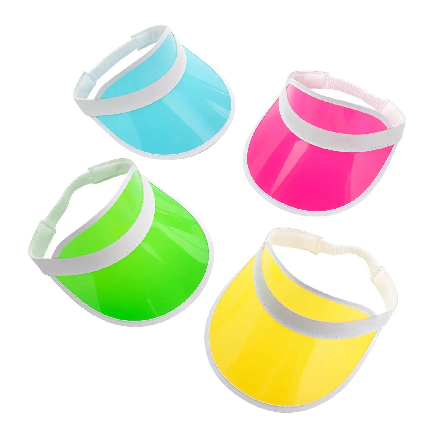 24" Circumference Retro Style Bright Neon Transparent Plastic Visors - 12 Pack, Comfortable Fit, Elastic Strap for Outdoor Events