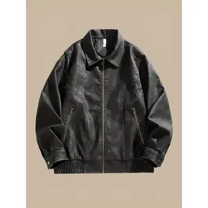 Men's Vintage Brown PU Leather Jacket - Casual Loose Fit with Zipper Closure, Drop Shoulder Sleeves, and Front Pockets, Retro Style for Casual Attire