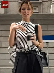 Women's Sleeveless Striped Blouse Shirt Summer New French Luxurious High-Quality Loose Fit Slimming Top, Fashionable Women's Clothing