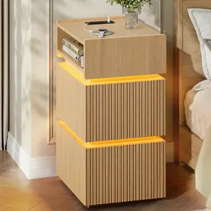 Sikaic LED Narrow Nightstand with 2 Drawers and Charging Station,  Modern Fluted Bedside Table with Open Storage for Small Bedroom, Living Room, Home Office, Natural