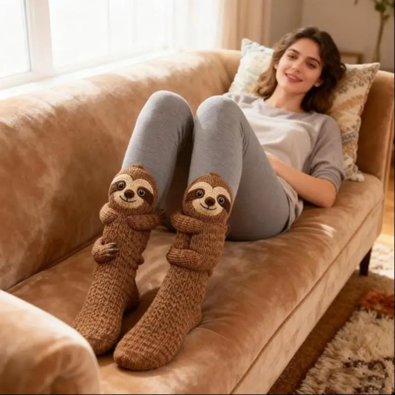 Women's Cute Crochet-Look Polyester Plush Socks - Animal Motif, Sloth Patterns, Comfortable Snug Fit - Ideal Christmas Holiday Gift (Womenswear Underwear & Tights Category), Plush Warm, Sloth Cuteness