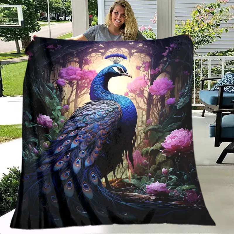 Soft & Warm Vintage Purple Peacock Flannel Throw Blanket - Perfect for Sofa, Bed, Travel, Camping | Tear-Resistant, All-Season Comfort, Digital Printing, Office, Chair, Fantasy Theme, Charming Style