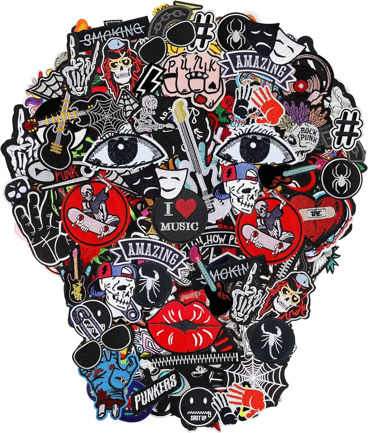Embroidered Patches Iron-on Appliques: 30pcs Assorted Cool Punk Embroidery Sew-on Patch for Jackets Clothing