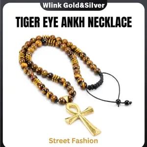 Anke Cross Pendant Necklace NaturalTiger Eye Stone/Obsidian Bead NecklaceAdjustable Rope Ancient Egyptian Life Symbol HealingStone Bead Necklace SuitableforHipHopStreet Clothing Male Female, Symbolic Bead Necklace, chain men beaded jewelry men's fashion