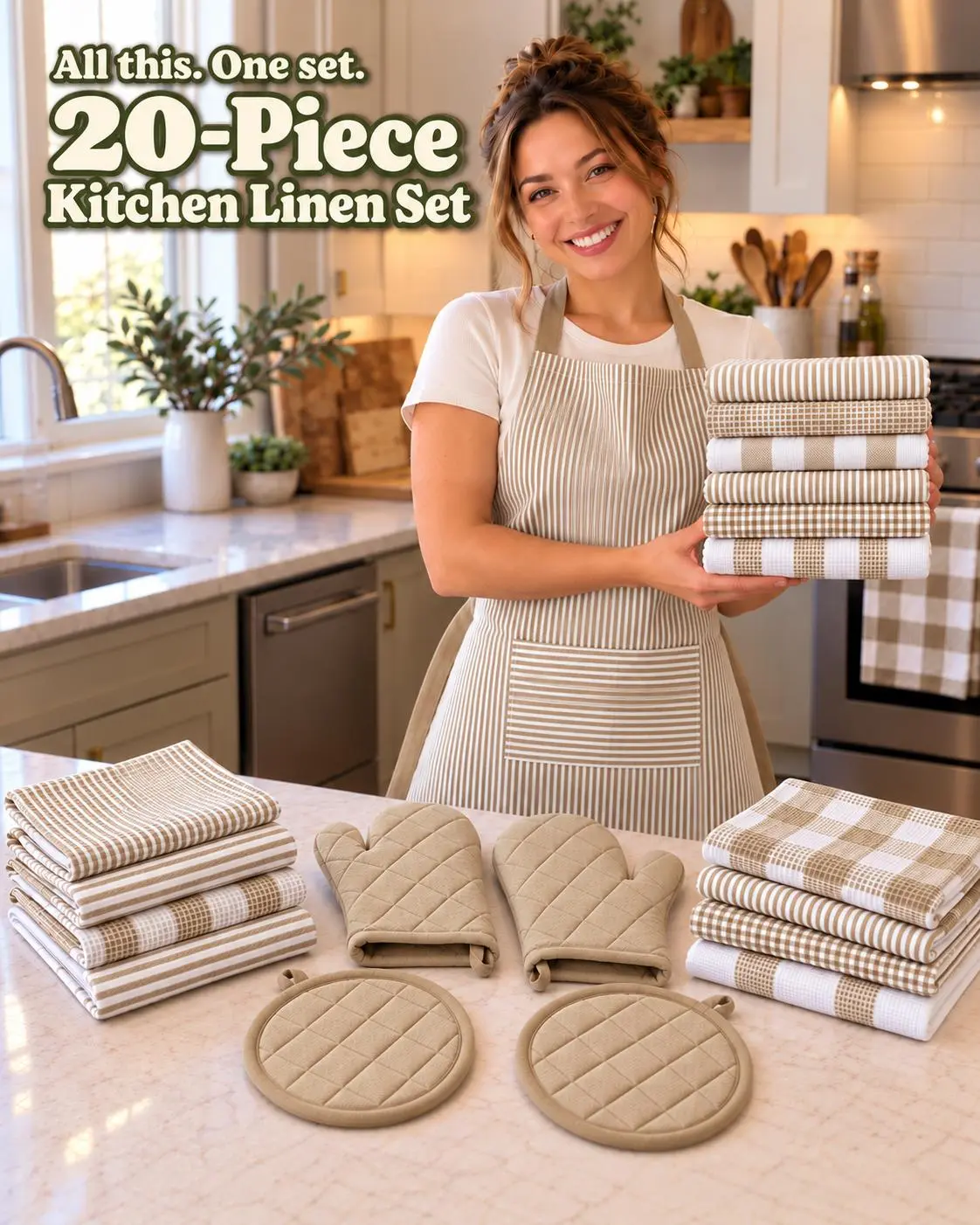 LANE LINEN 20-Piece Cotton Kitchen Cleaning Set - Towels, Dishcloths, Terry Cloths, Scrubbers, Flour Sack, 350°F Heat Protection Oven Mitts, Pot Holders - Lint-Free, Double Stitch, Long-Lasting, Machine Wash, Tumble Dry - Baking Gift Option
