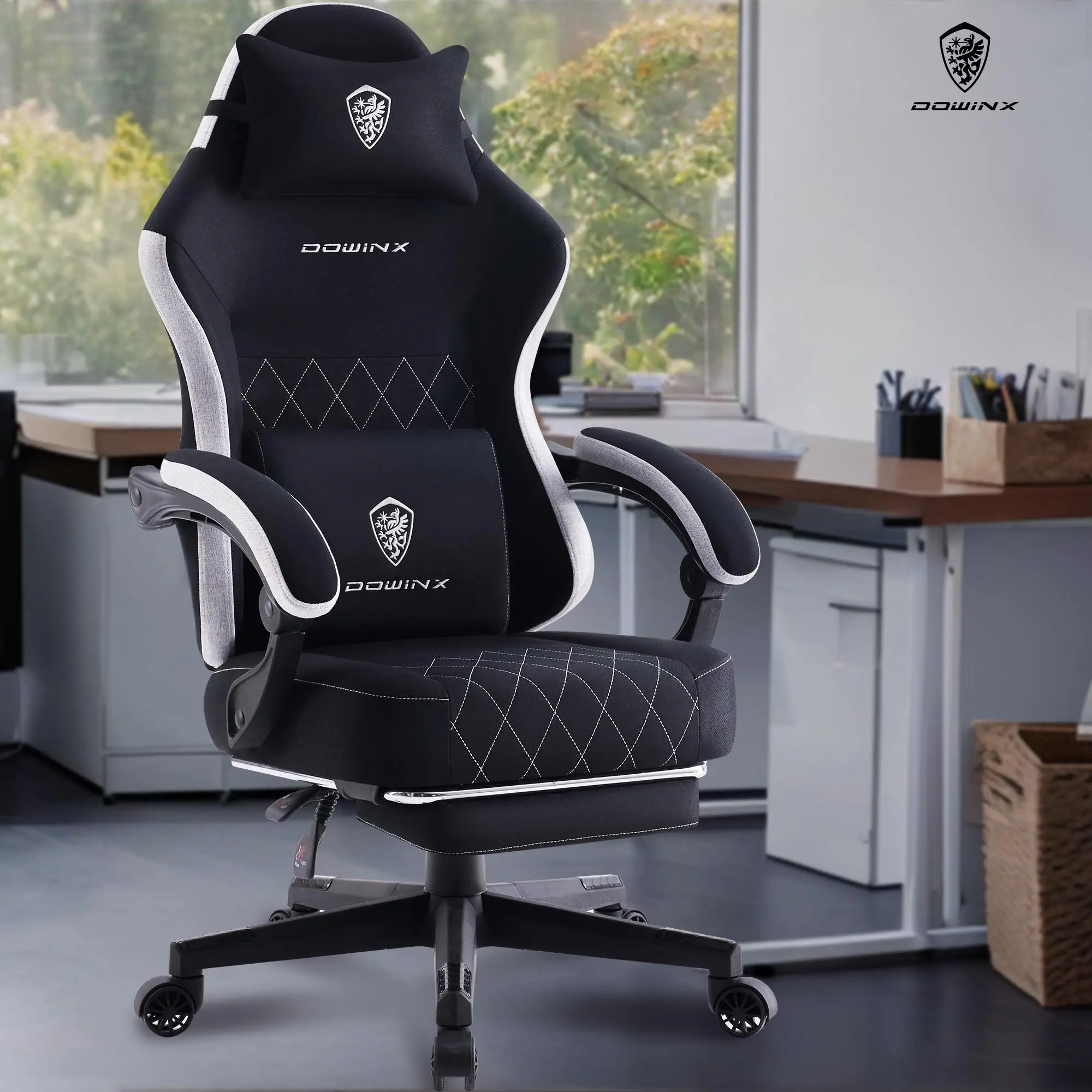 Dowinx Gaming Chair Fabric with Pocket Spring Cushion, High Back Ergonomic Computer Chair with Footrest for Adults, Massage Lumbar Support Swivel Game