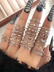 Women's Fashion Rhinestone Heart Wave Geometric Joint Rings Set, Casual Daily Wear Jewelry Stackable Design, Perfect Gift Idea, Dainty Stacking Rings