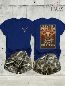 Women's Western Cowboy 2-Piece Outfit, "If I'm The Problem" Graphic T-Shirt & Camo Shorts Set, Casual Short Sleeve Tee and Camouflage Shorts, Western Style Loungewear, Comfortable Summer Matching Set for Country Lovers.
