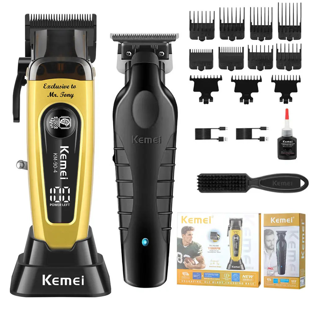 KEMEI km-90-4+2299 Professional Cordless Hair Clipper & Barber Trimmer - Ultra-Speed DLC Blade, Powerful Motor, Constant Temperature, USB-Port Batteries, LED Display, ABS Construction, Adjust Levels, Single Unit Youth Home Haircut Gift Box Edition