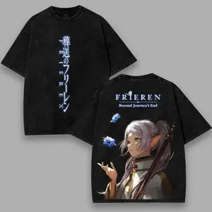 Frieren Beyond Journey's End Anime Printed T-shirt Men's Unisex Clothing Washed Oversized T Shirt High Quality Cotton Tees Tops