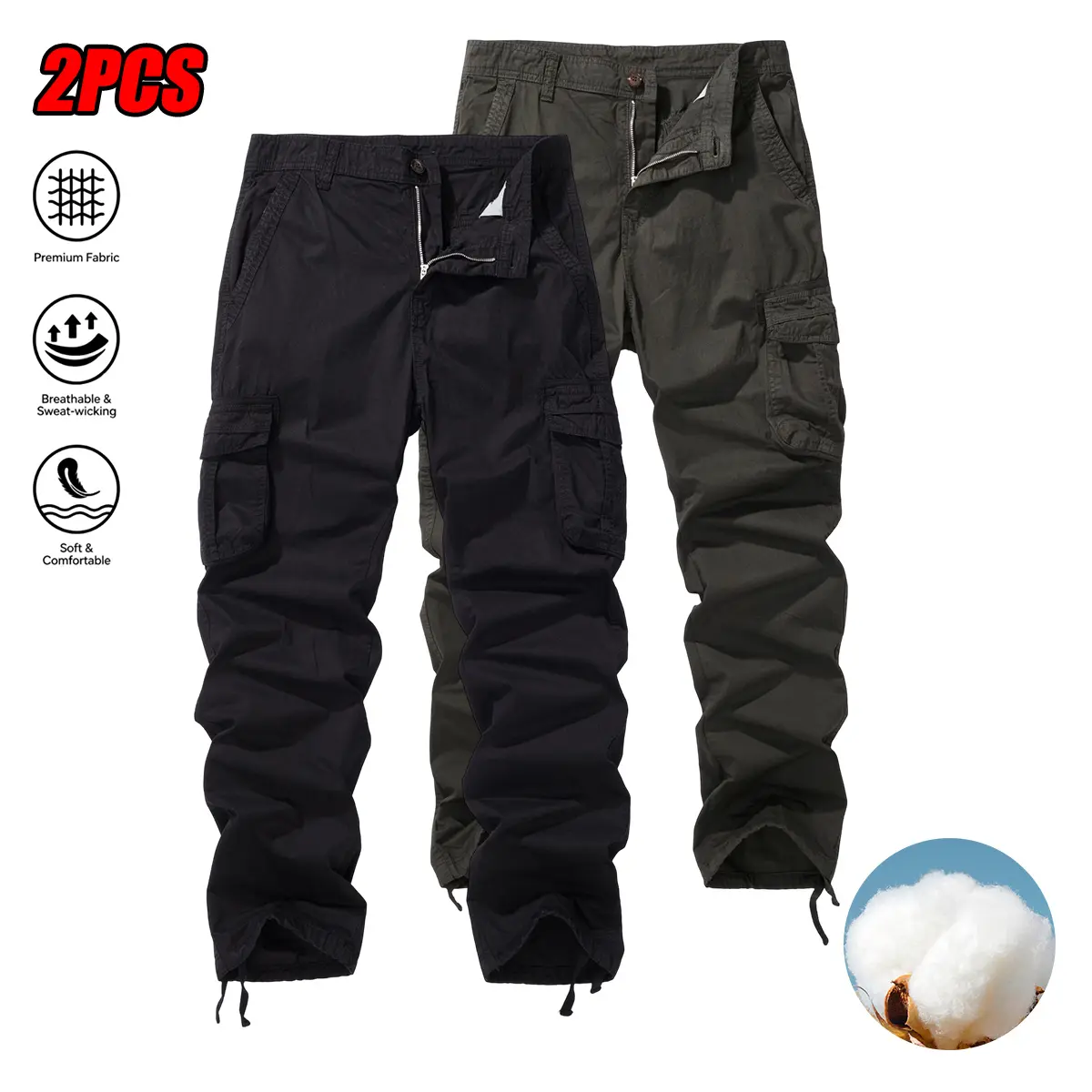 2pcs Set, Men'S Outdoor Cargo Pants, Multi-Functional Pockets, Lightweight, Ripstop, Durable Work Pants, for Camping Hiking Fishing, Suitable for Spring Summer And Autumn Seasons