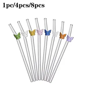 Cute Butterfly Straws, Reusable Glass Straws with Butterfly Design, Includes Cleaning Brush, Perfect for Smoothies, Cocktails, Juices, Party Supplies, Utensils, Home Bar Accessories