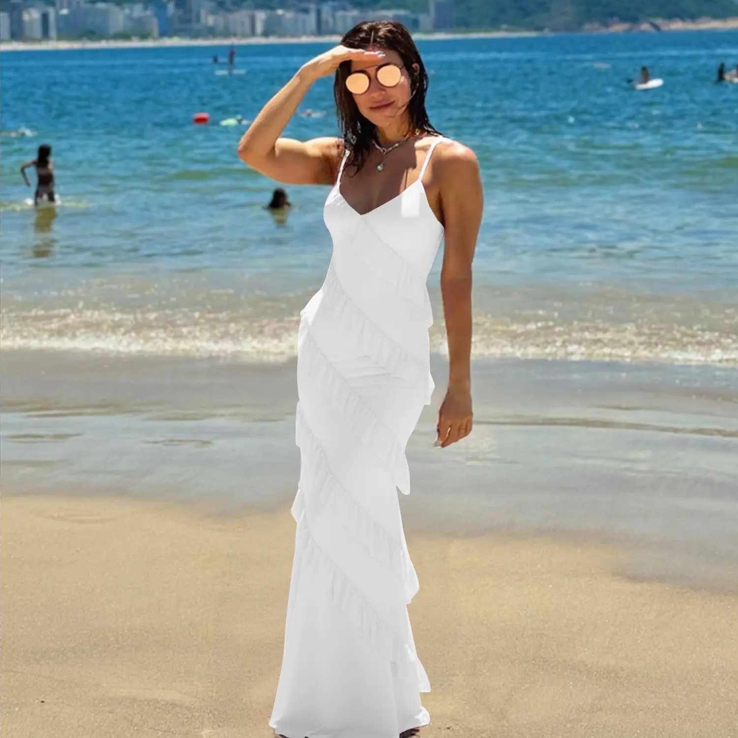 HOCILLE Women's Ruffle Mesh Maxi Dress Sexy Bodycon Backless Wedding Guest Dress 2026, Elegant White Graduation HOCILLE Women's Ruffle Mesh Maxi Dress Sexy Bodycon Backless Wedding Guest Dress 2026, Elegant White Graduation