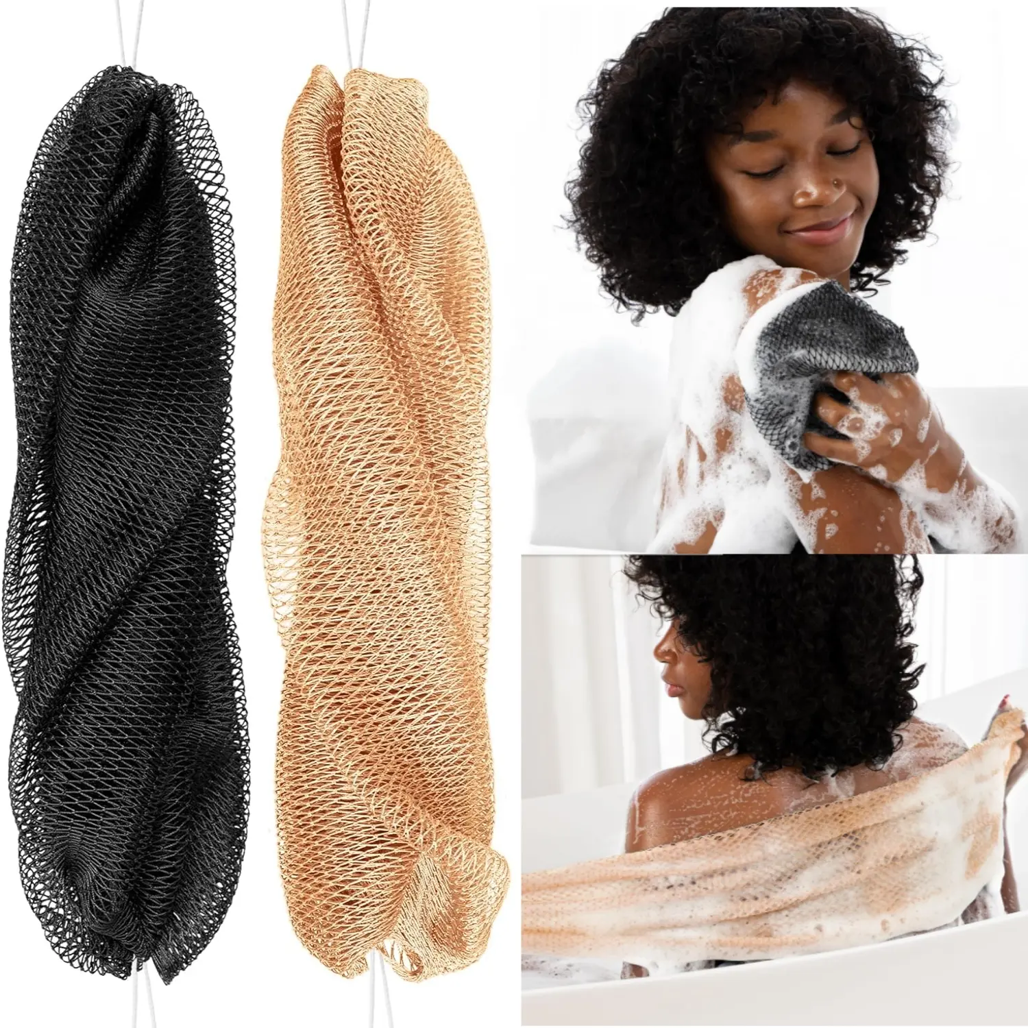2 Pack African Net Sponge Set, True Sapo Sponge with Handle, African Exfoliating Bath Cloth, Skin Care Shower Tool, Body Scrubber, Mesh Exfoliating Sponges
