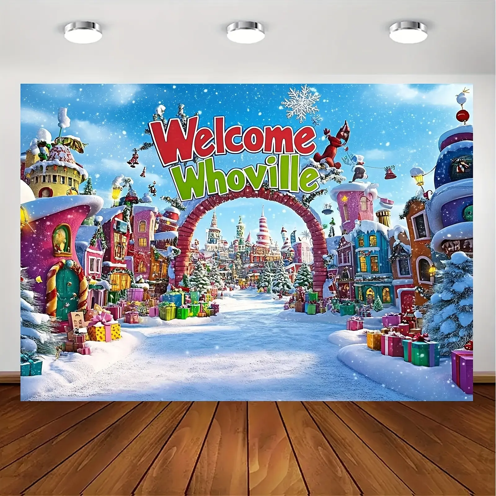 Magical Festive 1-Piece Whoville Christmas Village Polyester Backdrop, 70.8x90.5in Large-Scale Santa Sleigh Snowy Scene Cloth, Banners, Party Decoration Supplies, Photo Shoot Props, Home & Outdoor Decor