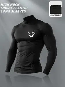 Men's High Neck Long Sleeve Slim Fit Warm Top, Casual Letter Pattern Kint Fabric, Moderate Thickness Summer Wear, Knit