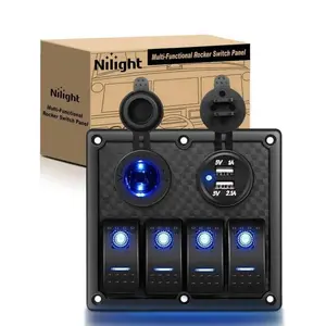 Nilight 4Gang ON/Off Blue Rocker Switch Panel w/ USB Charger Power Socket Fuse