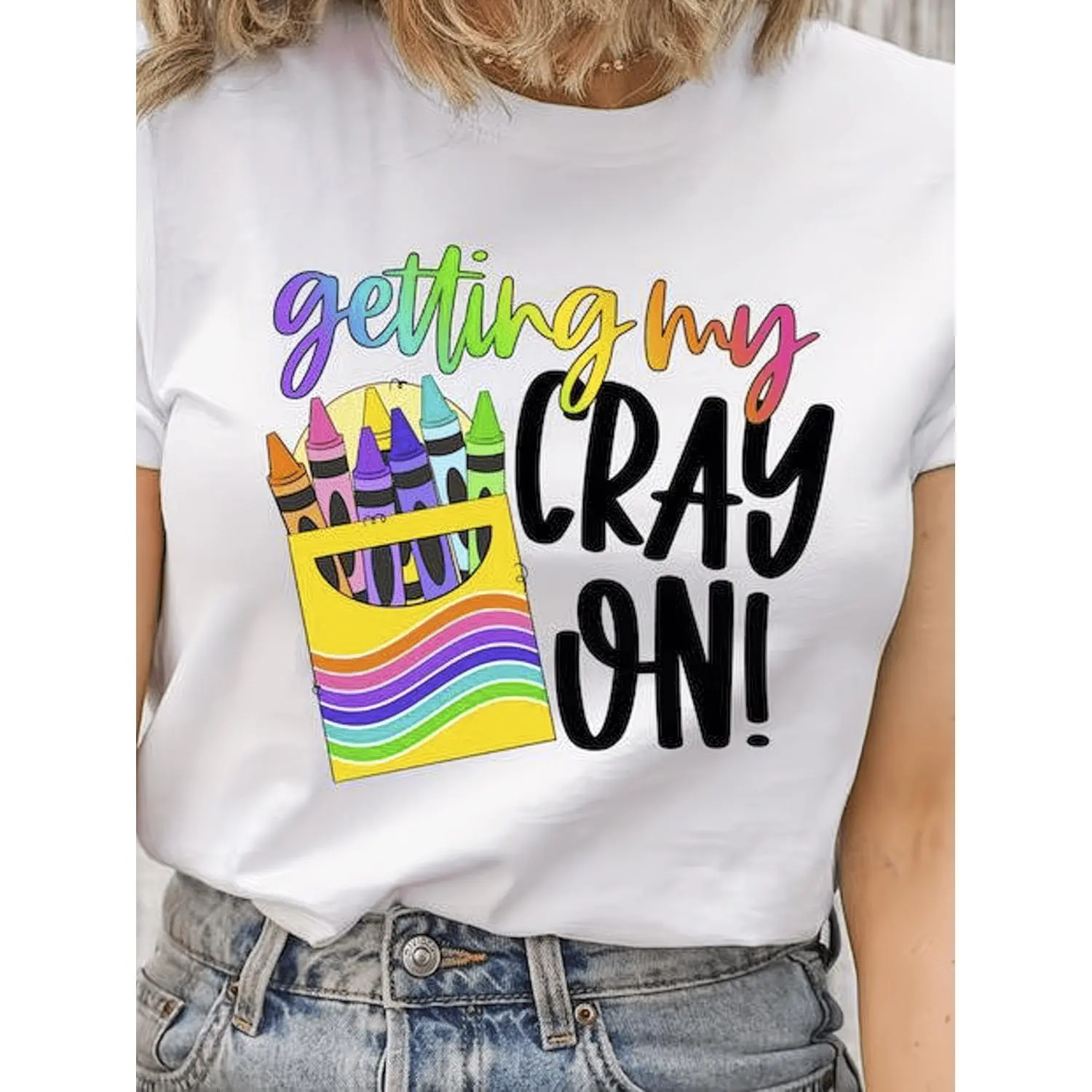 Women S Vintage Getting My Crayons On Cotton T-shirt with Colorful Crayon Box and Playful Lettering White and Black Casual Tee for Teachers Events and Art Classes Comfortable Short Sleeve Top Featuring Crayon Design