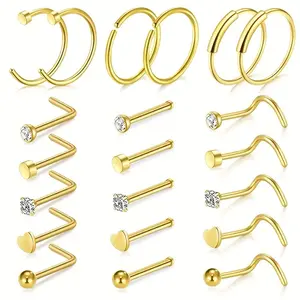 Stainless Steel Nose Studs Set 21PCS Nose Piercing Jewelry L Rod Straight Rod Curved Rod Inlaid with Synthetic Zirconia for Women and Men Daily Gifts All Season