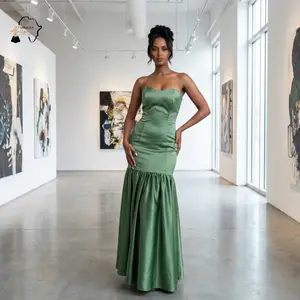 Elegant Green Satin Mermaid Maxi Dress – African Strapless Evening Gown for Women (Sunrise Grace)
